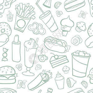 快速食品绘图无缝模式 有白色背景的线性艺术图片