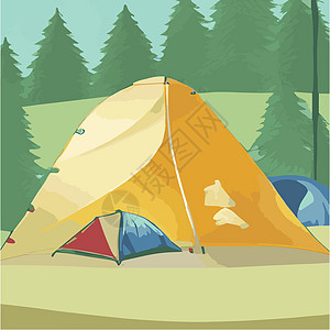靠近绿色森林和山脉的露营帐篷 夏季或春季景观 卡通旅游营地 在森林 山景中设有野餐地点和帐篷 平面样式的矢量插图问候邀请函远足娱图片