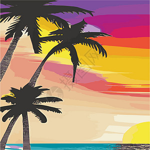 复古棕榈树海滩 具有阳光渐变的抽象背景 棕榈树剪影卡通平面全景景观 日落与棕榈树彩色背景暑假 日出或日落热带享受打印情调插图海洋图片