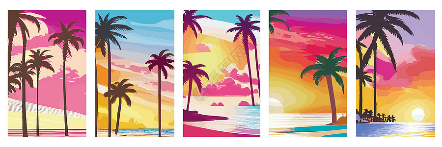 设置垂直反向日落海报 在棕榈树海滩上设定80和90年代的风格 背景摘要 有阳光梯度传单戏剧性景观享受旅行插图支撑热带叶子太阳图片