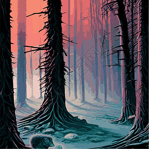 印刷神秘森林 夜暗雾林的背景景观 卡通彩色的泰加黑图示Taiga dark枞树假期木头怪物阴霾月亮动画片青少年天空公园图片