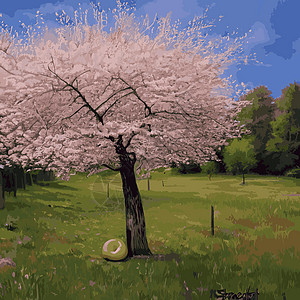 现实的萨库拉树 高雅的日本特色 有粉红色花瓣在绿色草原上的鲜花植物 亚洲人卡片插图林地新娘枝条花园叶子庆典艺术生态图片