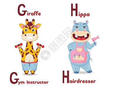拉丁字母ABC动物专业 从字母g长颈体操开始 用卡通风格的Hh Hippo理发师教师开始图片