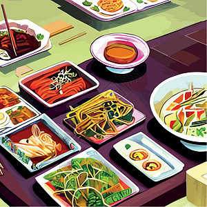 亚洲食物刻在桌子上 面盘放在风景最顶端 食品菜单设计配熟面条矢量厨房明信片框架美食新年烹饪横幅鸭子盘子餐厅图片