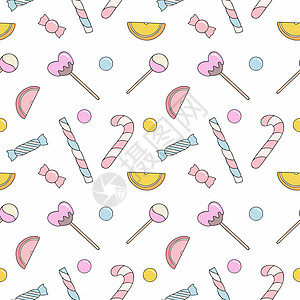 无尽的无缝背景与糖果和糖果 白色背景上的棒棒糖和糖果 用于缝制衣服的墙纸 在织物上印刷 包装纸图片