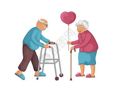 卡通风格的祖父和祖母 可爱的奶奶给爷爷一个心形的气球 卡通风格的恋爱中的老人 情人节的插图 向量图片