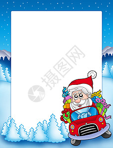 圣诞节卡通与圣诞老人驾驶汽车的框架框架背景