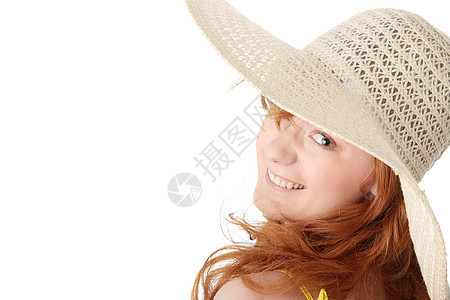穿黄色夏装的红发女孩 美丽 女士 快乐的 头发 时髦图片