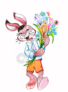 有花的兔子 水彩画图片