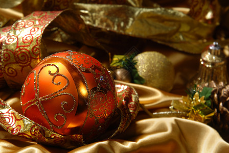 圣诞球 十二月 圣诞节 假期 金子 蓝色的 快乐的 礼物 弓 装饰品背景图片
