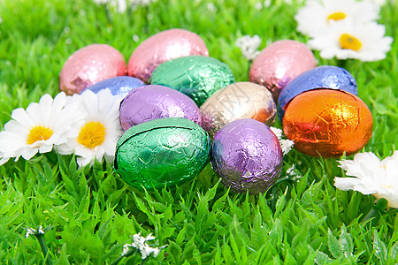青草中多彩色的东方鸡蛋 食物 塑料 花背景图片