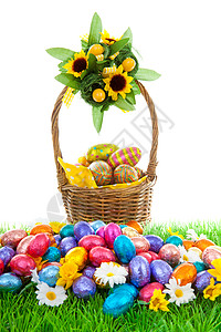 复活节安排 黄色的 绿色的 白色的 食物 篮子 草 季节性的背景图片