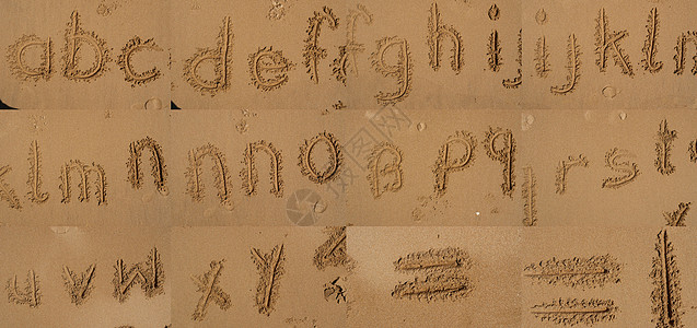 字母字在沙滩上写成 邀请函 夏天 童年 绘画 幼儿园图片