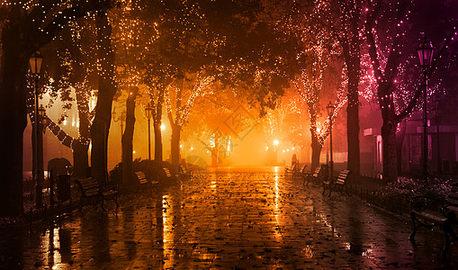 公园夜景在乌克兰敖德萨 夜巷中坐着有灯光的座椅 历史性背景
