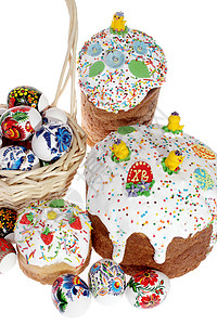 俄罗斯复活节蛋糕和彩色东方鸡蛋孤立 酵母 糖图片