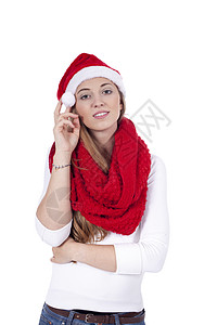 带着红围巾和圣诞帽的年轻美女 配件 庆典 女性图片