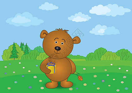 泰迪熊在草地上送花和礼物 盒子 插图 西伯利亚 自然图片