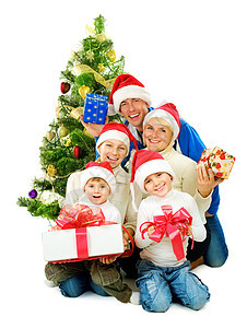 圣诞家庭孤立在白色的白边 假期 帽子 女性图片