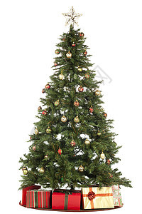 圣诞树和礼品 圣诞节装饰 金的 假期 冷杉 金子 圣诞节图片