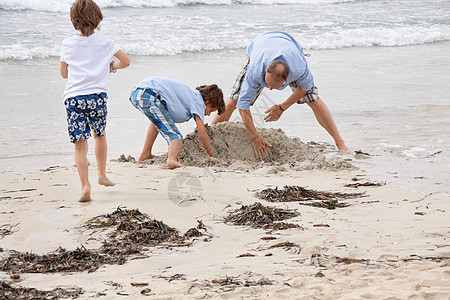 父亲和在海滩上的儿子们 在沙滩上玩耍 自然图片