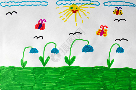 儿童用蝴蝶和鲜花绘画 太阳 婴儿 快乐的图片