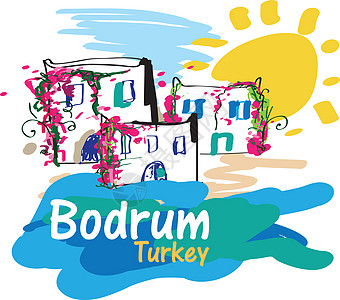 土耳其国旗Bodrum 插文 线条艺术 花的 美丽的 家 插图 建筑学背景