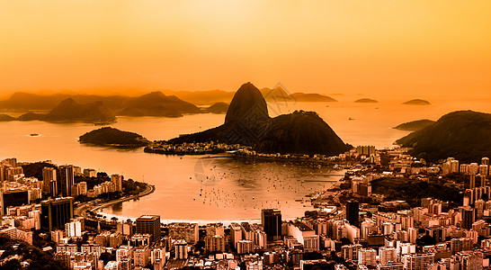 巴西里约热内卢 海岸 糖 博塔弗戈 甜面包 岩石 城市景观 日落背景图片