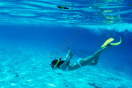 戴面罩上潜水的妇女 美丽 水下 热带 假期 女性 蓝色的图片