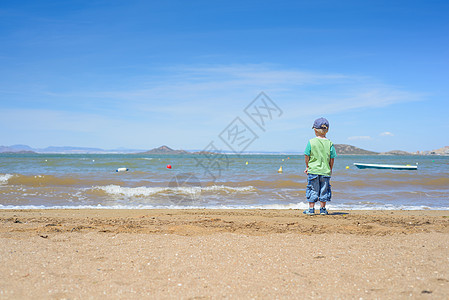 木板上的孩子小男孩站在沙滩上背景