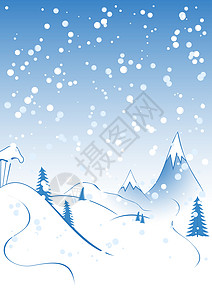 圣诞节背景 雪 新年 枞树 星星 山 蓝色的背景图片