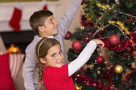 哥哥和姐姐 把圣诞树装饰成一齐的背景图片