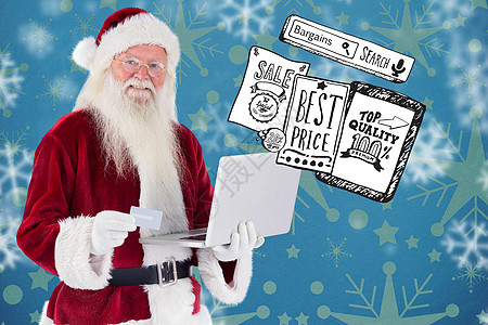 圣诞节老人圣塔的复合图像 用笔记本电脑用信用卡支付 男性 科技背景
