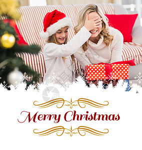 圣诞节字体喜庆母亲和有天分的女儿的复合形象 可爱的 枞树背景