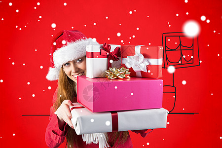 手绘礼物盒喜庆红头持有一堆礼物的复合图象 霜 美丽的 羊毛背景
