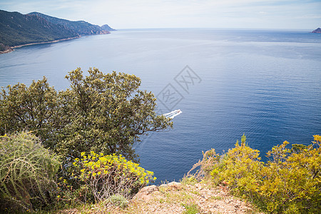 手绘大海波多科尔西卡附近景观 地中海 山 旅行 法国 假期背景