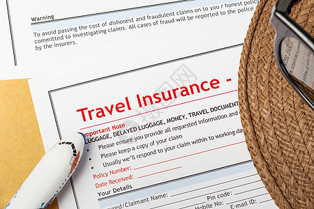 旅行保险报销申请表和戴有眼镜的帽子 宣称 文档图片