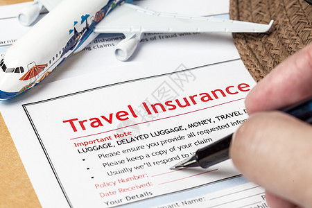 旅行保险报销申请表和戴眼镜的帽子a/ 安全图片