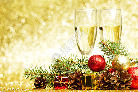 香槟和圣诞节装饰 快活的 冷杉 装饰风格 华丽的 庆典 玩具图片