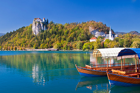 传统木船在湖边的Bled河上图片