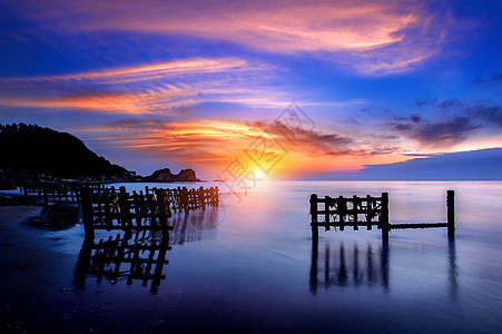 日落时有一排木林的海景 安眠岛 水 晴天 假期 海浪图片