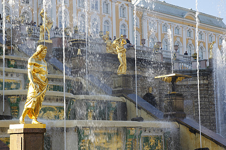金色大瀑布喷泉圣彼得堡彼得霍夫宫的大岩浆不老泉 伟大的 喷泉背景