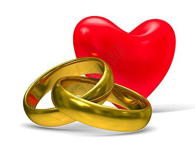 白色背景的心和结婚戒指 孤立的 3D 图像 亲爱的 热情图片