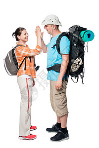 一对夫妇旅行者 背背包在白色背景上图片