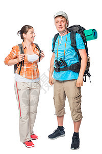 女孩和她的朋友背着背包 在运动中在白面包上图片