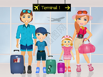 家人去度假 飞机 母亲父母 插图 飞机场 闲暇 女孩 男人婴儿高清图片素材