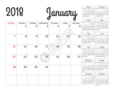 2018 年的简单日历规划器 设计 1 月模板 一套 12 个月 一周从星期日开始 日历计划周 七月 六月图片