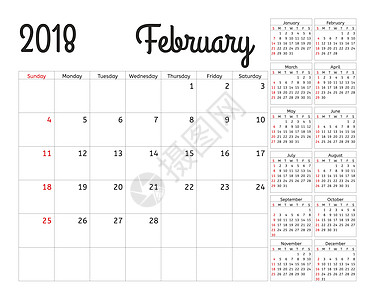 2018 年的简单日历规划器 设计二月模板 一套 12 个月 一周从星期日开始 日历计划周 假期 插图图片