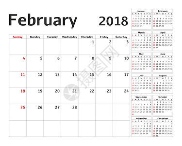 2018 年的简单日历规划器 设计二月模板 一套 12 个月 一周从星期日开始 日历计划周 记事簿 墙图片