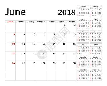 2018 年的简单日历规划器 设计 6 月模板 一套 12 个月 一周从星期日开始 日历计划周 时间 十二月图片