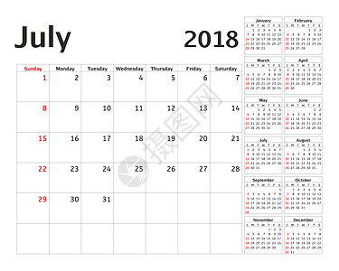 2018 年的简单日历规划器 设计 7 月模板 一套 12 个月 一周从星期日开始 日历计划周 公司 商业图片
